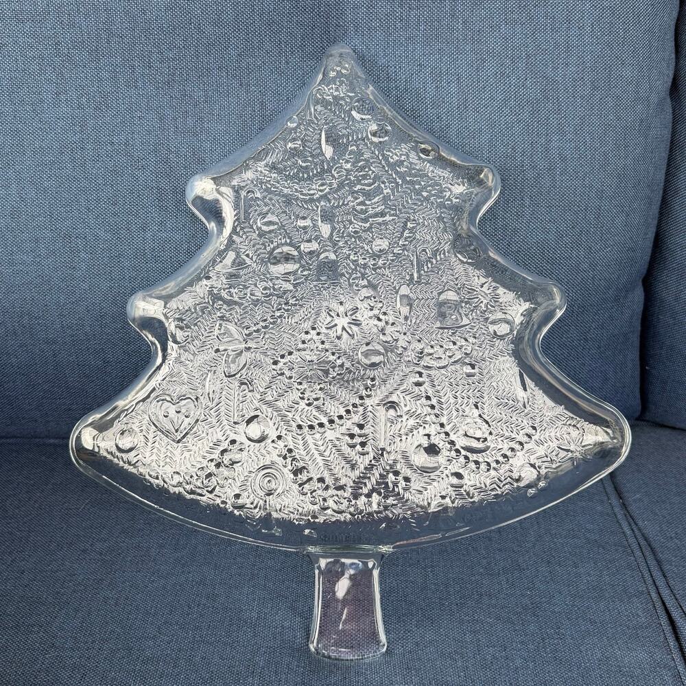 Indiana Glass Christmas Tree Serving Platter Dish Clear Embossed Cookie Tray
